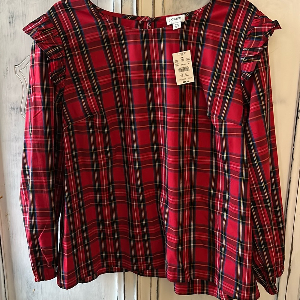 Tartan ruffle-trim woven top